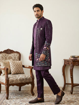 Men’s Purple Heavily Embroidered Indo-Western Set