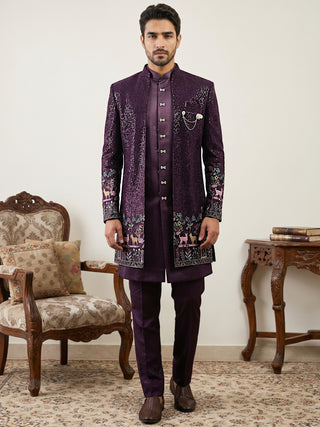 Men’s Purple Heavily Embroidered Indo-Western Set