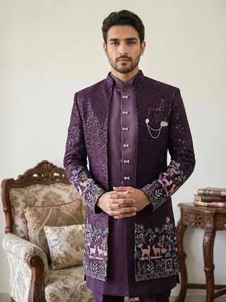 Men’s Purple Heavily Embroidered Indo-Western Set