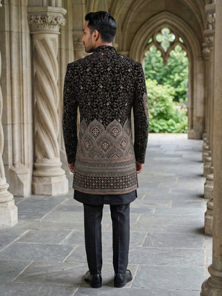 Men's Black Embroidered Indo-Western Set