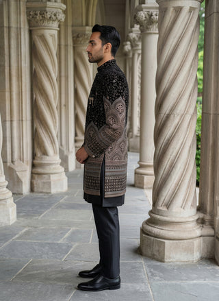 Men's Black Embroidered Indo-Western Set