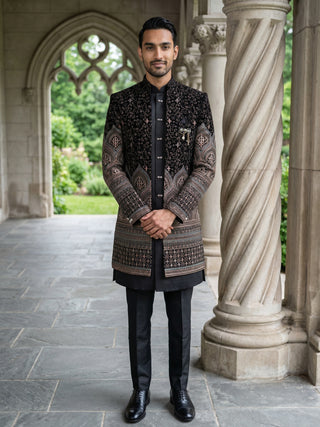 Men's Black Embroidered Indo-Western Set