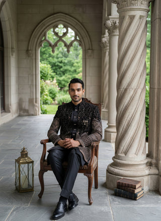 Men's Black Embroidered Indo-Western Set