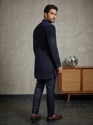 Men's Navy Blue Embroidered Indo-Western Set