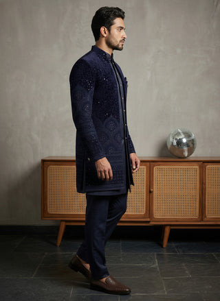 Men's Navy Blue Embroidered Indo-Western Set