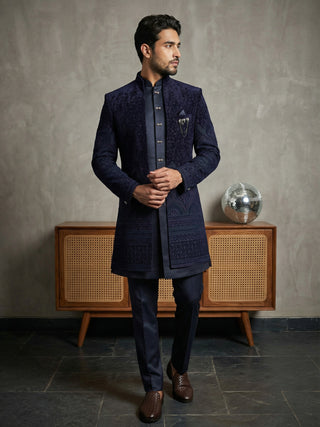 Men's Navy Blue Embroidered Indo-Western Set