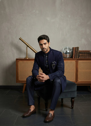 Men's Navy Blue Embroidered Indo-Western Set