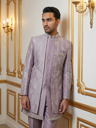 Men Silk Blend Embroidered Sherwani Set