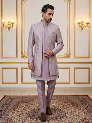 Men Silk Blend Embroidered Sherwani Set