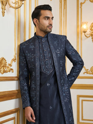 Silk Blend Floral Embroidered Sherwani Set