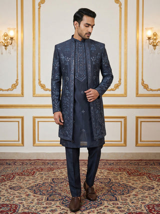 Silk Blend Floral Embroidered Sherwani Set
