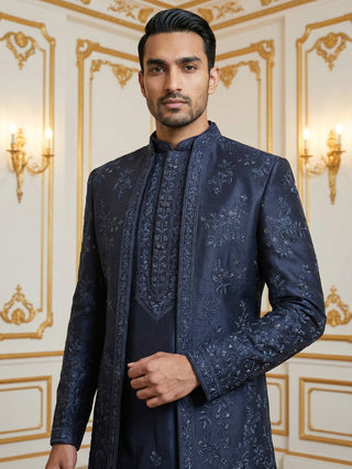 Silk Blend Floral Embroidered Sherwani Set