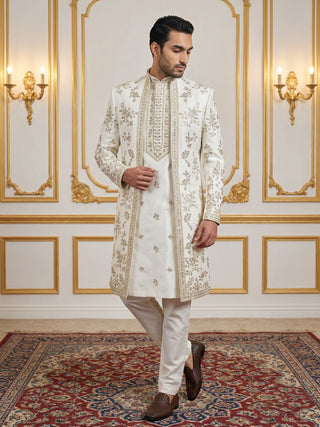 Silk Blend Floral Embroidered Sherwani Set