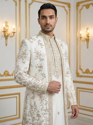 Silk Blend Floral Embroidered Sherwani Set