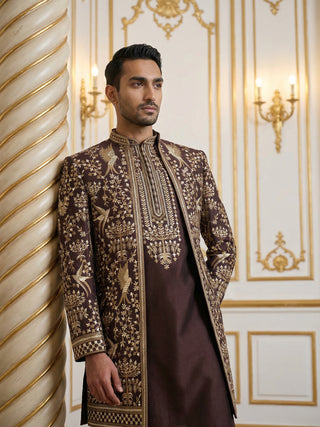 Silk Blend Floral Embroidered Sherwani Set