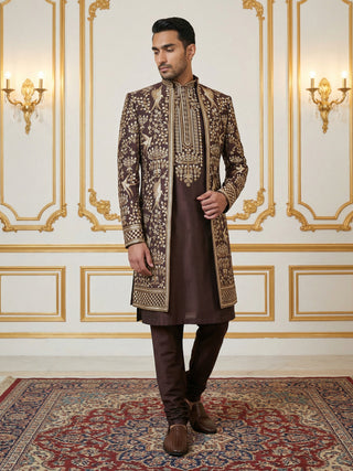 Silk Blend Floral Embroidered Sherwani Set