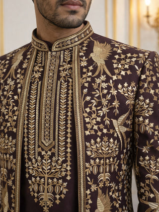 Silk Blend Floral Embroidered Sherwani Set