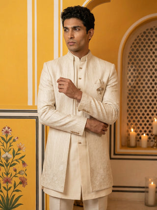 Ivory Silk Blend Embroidered Indo-Western Set