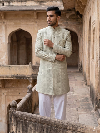 Sage Green Jacquard Silk Indo-Western Set – Jompers