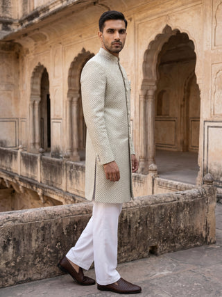 Sage Green Jacquard Silk Indo-Western Set