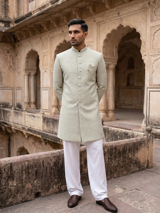 Sage Green Jacquard Silk Indo-Western Set