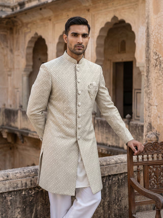 Sage Green Jacquard Silk Indo-Western Set
