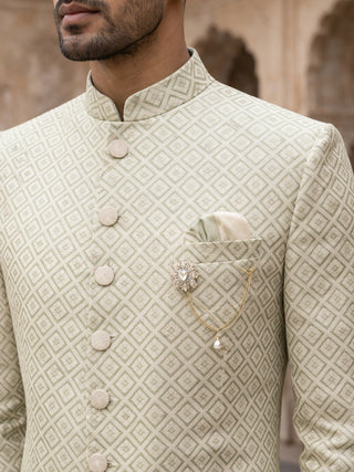 Sage Green Jacquard Silk Indo-Western Set
