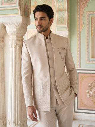 Ivory Embroidered Cotton Blend Indo-Western Set