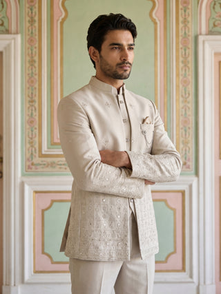 Ivory Embroidered Cotton Blend Indo-Western Set