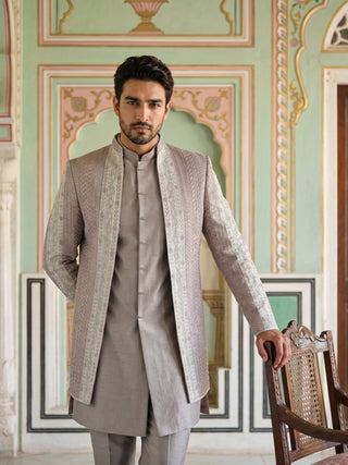 Men Silk Blend Embroidered Indo-Western Set