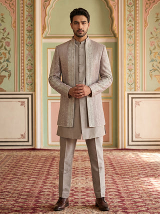 Men Silk Blend Embroidered Indo-Western Set