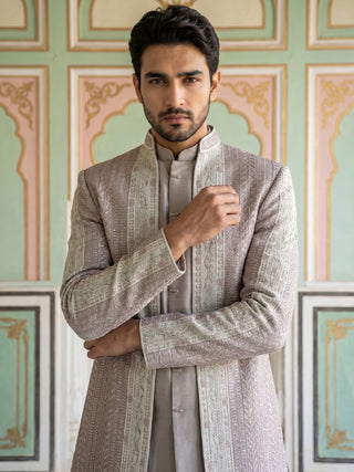 Men Silk Blend Embroidered Indo-Western Set