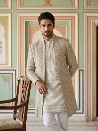 Men Silk Blend Embroidered Indo-Western Set