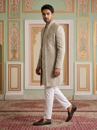 Men Silk Blend Embroidered Indo-Western Set
