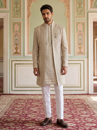 Men Silk Blend Embroidered Indo-Western Set