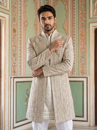 Men Silk Blend Embroidered Indo-Western Set