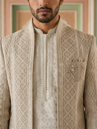 Men Silk Blend Embroidered Indo-Western Set