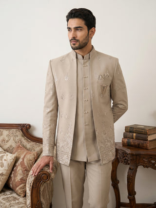 Beige Embroidered Indo-Western Set