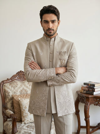 Beige Embroidered Indo-Western Set