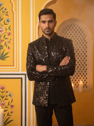 Men Black Sequinned Indo-Western Set
