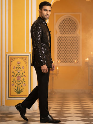 Men Black Sequinned Indo-Western Set