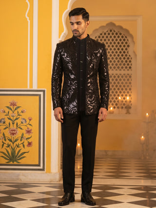 Men Black Sequinned Indo-Western Set