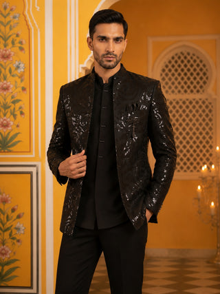 Men Black Sequinned Indo-Western Set