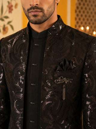 Men Black Sequinned Indo-Western Set