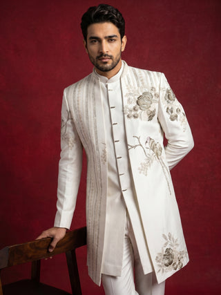 Off-White Embroidered Indo-Western Set for Men