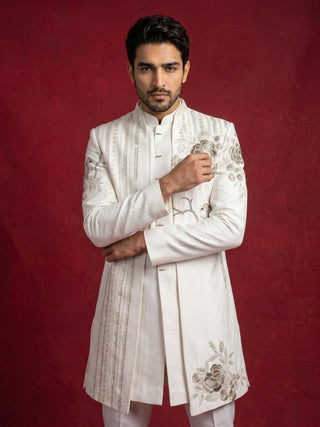 Off-White Embroidered Indo-Western Set for Men