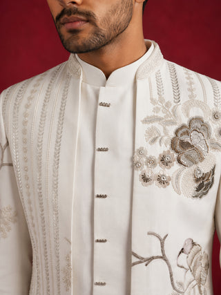 Off-White Embroidered Indo-Western Set for Men