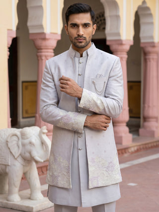 Floral Design Jacquard Silk Indo-Western Set for Men