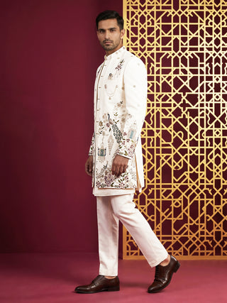 Silk Blend Peacock & Floral Embroidered Indo-Western Set