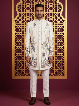 Silk Blend Peacock & Floral Embroidered Indo-Western Set